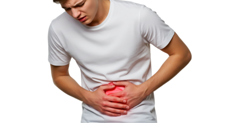 Man in white shirt clutching stomach with red glow indicating pain and discomfort on black background