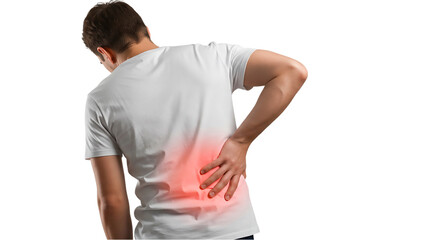 Man in a white shirt experiencing lower back pain with a red glow indicating the painful area of the back