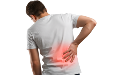 Man in a white shirt experiencing lower back pain with a red glow indicating the painful area of the back