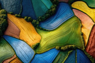Colorful patchwork of fields, seen from above.  Vibrant, abstract landscape