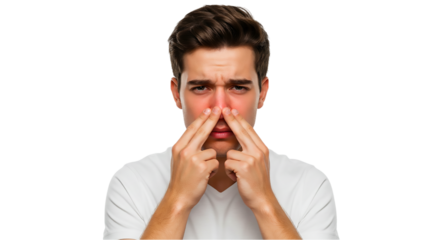 A man in a white shirt is pinching his nose with a disgusted expression on his face against black backdrop