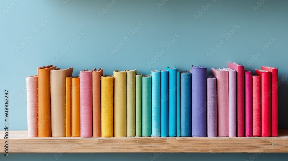 Poster colorful gradient of stacked books on a shelf creates a serene and organized display in a cozy readi