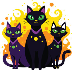 Three stylized black cats with bright green eyes and purple collars adorned with yellow circles sit against a swirling orange and yellow background