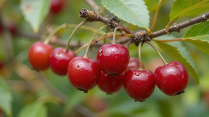 Cherry or sour cherry twig with sweet appetizing red fruits in the garden, Sofia, Bulgaria