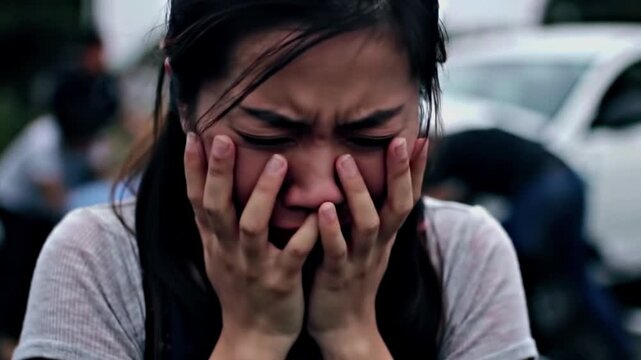 A distraught young woman crying in despair and grief, covering her face with her hands in anguish after a tragic event.