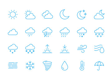 Vector set of blue weather icons in minimal linear style, forecast symbols for UI and app design