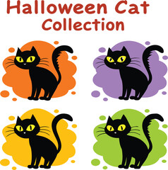 Four adorable black halloween cats with bright yellow eyes and fluffy tails posed on colorful splattered backgrounds