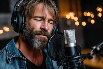 A bearded man wearing headphones passionately sings into a studio microphone, with warm bokeh lights softly glowing in the background.
