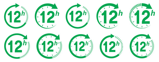 Green 12 hours service icon. Green 12 hours service duration sign. Green 12 hours or half day icon with circle arrow. Shipping delivery symbol. Twelve hour delivery clock icon . Hours time arrow.
