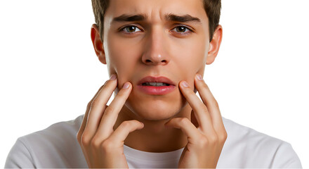A young man with a worried expression touching his face with both hands in a studio setting image