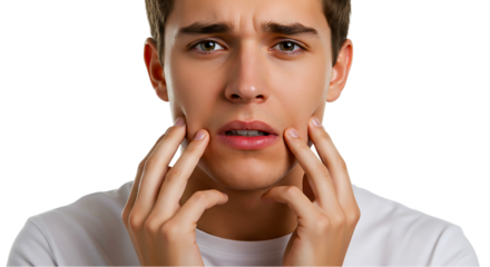 A young man with a worried expression touching his face with both hands in a studio setting image