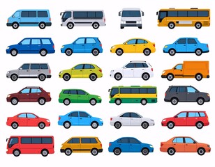 Collection of Various Colorful Car and Vehicle Icons Isolated on White Background