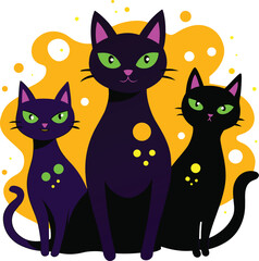 Three stylized black cats with glowing green eyes and purple accents sit together against a vibrant yellow abstract background with scattered circles