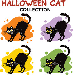 Four spooky black halloween cats with big yellow eyes and grinning mouths on colorful splattered backgrounds collection