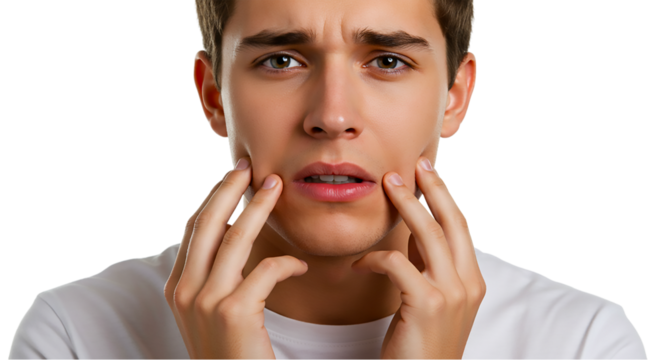 A young man with a worried expression touching his face with both hands in a studio setting image