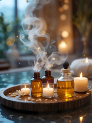 Spa concept for relaxation, aromatizing oils, image created with AI