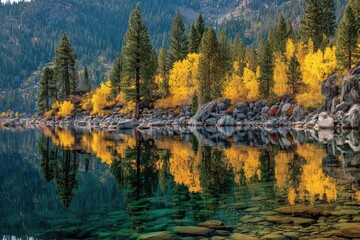 Serene autumn lake scene with vibrant fall foliage reflected in glassy water