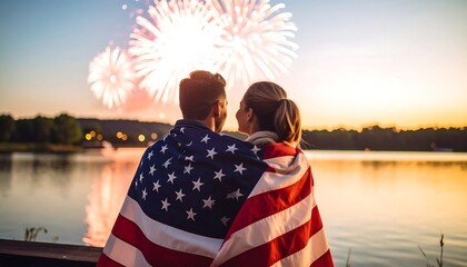 Couple wrapped in flag watching fireworks