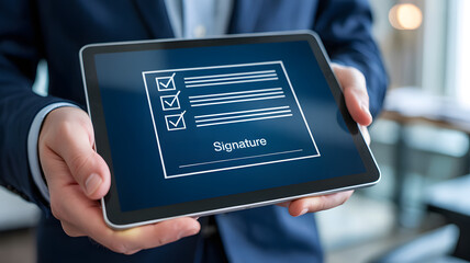 Man in suit holds tablet displaying digital signature form with checkmarks for approval and agreement