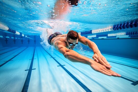Underwater view of male swimmer swimming freestyle in pool for fitness and training