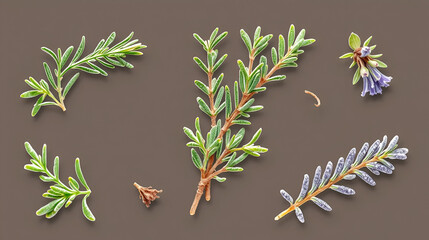 Rosemary set. Illustration leaves spice. Aromatic herbs for aromatization and decoration.
