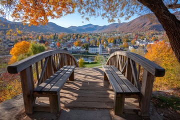 Autumnal town vista from wooden bridge
