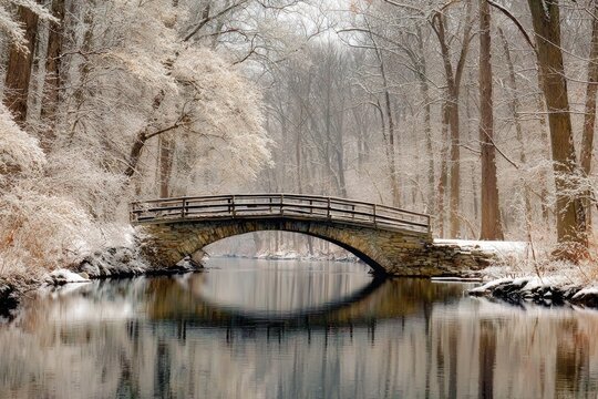 Winter wonderland bridge over a calm, snow-covered river - Powered by Adobe
