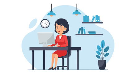 Businesswoman working at her desk in a modern office, ideal for websites and presentations.