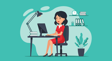Businesswoman working at her desk, perfect for website banners, brochures, or presentations.