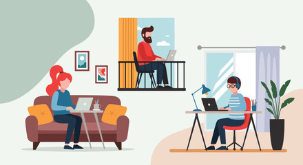 Remote Work Illustration: Diverse Team Working from Home, Perfect for Landing Pages or Blogs.