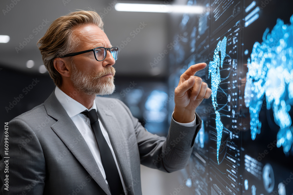 Poster a businessman in a suit interacts with a futuristic digital screen displaying global data and connec