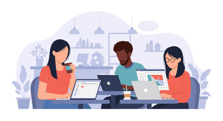 Diverse team collaborating on laptops in a cafe, ideal for teamwork and collaboration projects.