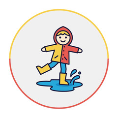 Child in raincoat and boots playing in a puddle flat vector illustration.