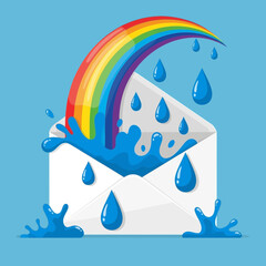 Envelope with rainbow and blue liquid drops on a light blue background.