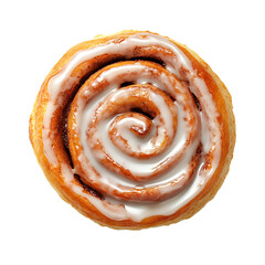 A top-down view of a glazed cinnamon roll with a spiral pattern
