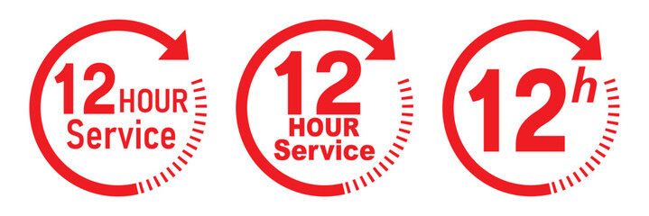 12 hours service icon vector set. Red 12h duration sign. Red 12 hours clock arrow icons, work and delivery time symbols. Red 12hr support sign collection. 12 hours icon vector set.