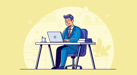 Businessman working on laptop at desk, ideal for website banners, business presentations, and marketing materials.