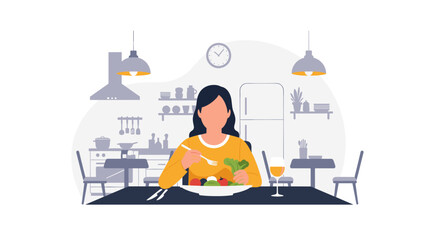 Woman enjoying a healthy salad in her modern kitchen - perfect for a healthy eating blog or cookbook.
