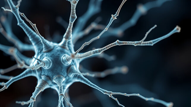 Highly detailed close-up of a neuron cell with axons and dendrites in a scientific illustration style.