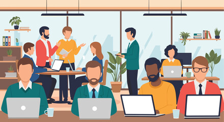 Diverse team of professionals working collaboratively in a modern office, ideal for business presentations and website banners.