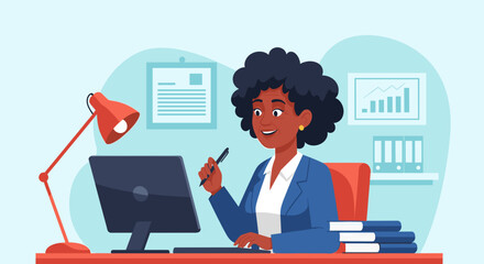 Smiling senior businesswoman working at her computer, perfect for websites or brochures about successful careers.