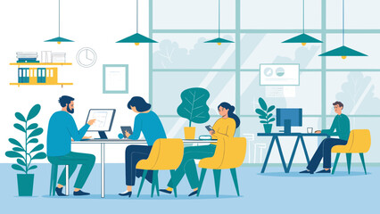 Modern office workers collaborating on a project, ideal for website banners or brochures.
