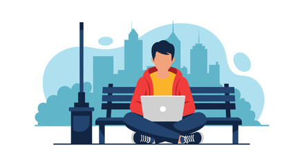 Person working on laptop outdoors in city park, ideal for website banners or blog posts about remote work.