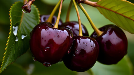 Morello cherries with water drops,