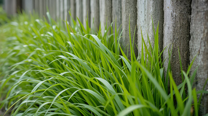 Grass growing along a fence, its green blades swaying softly in the breeze, merging with the weathered texture of the structure.