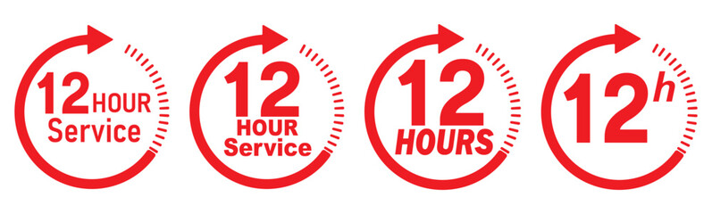 12 hours service icon vector set. Red 12h duration sign. Red 12 hours clock arrow icons, work and delivery time symbols. Red 12hr support sign collection. 12 hours icon vector set.