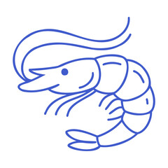 Shrimp in marine blue line art style. Vector editable stroke outline. Minimalist icon illustration.