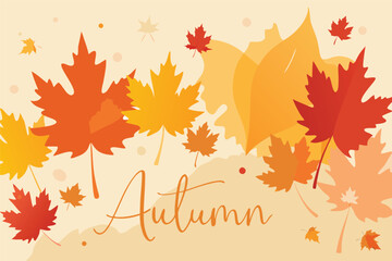 Vibrant autumn maple leaves in shades of red orange and yellow with autumn text on a soft cream background