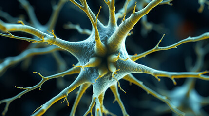 Detailed close-up of neuron structure with axons