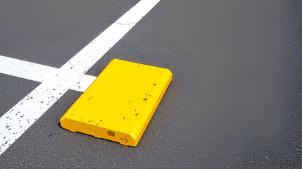 Yellow parking blocks mark a white line on asphalt.